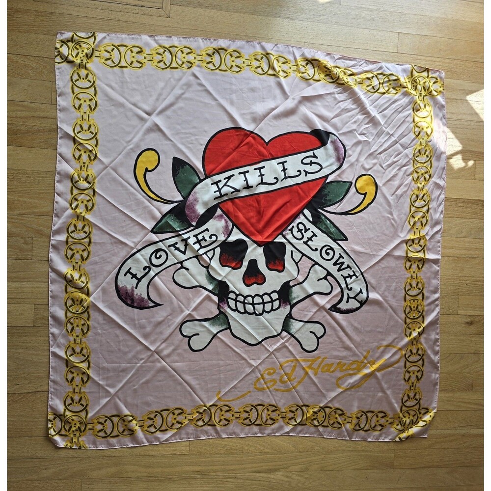 Ed Hardy “Love Kills Slowly” Skull & Heart Scarf 42x42 Pink & Gold NWT